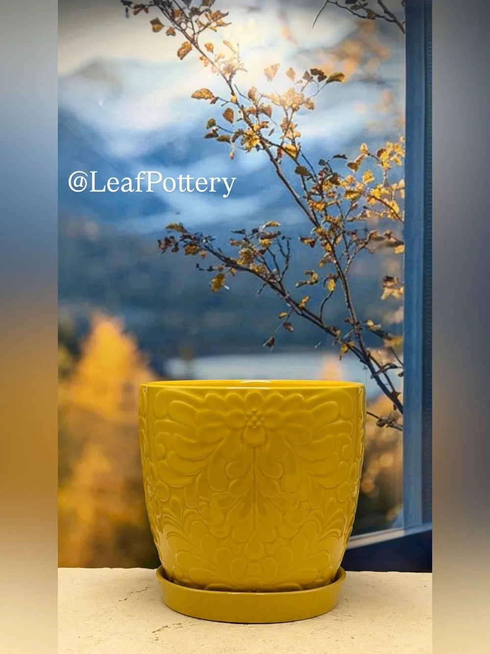 Yellow Floral Ceramic Planter Pot with Saucer Attached 8 Inch Flower Pot